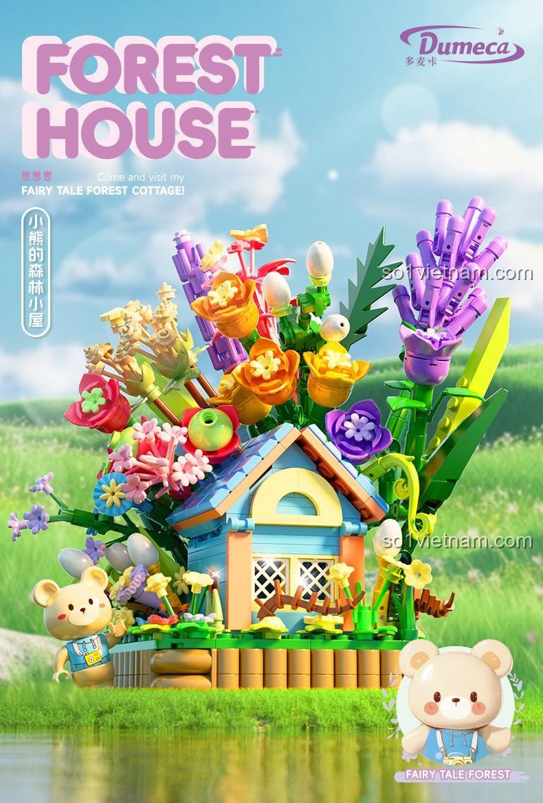 Hình ảnh bộ lắp ghép Ngôi Nhà Trong Rừng Của Gấu Nhỏ Dumeca D2012, một mô hình nhà hoa rực rỡ với minifigure gấu dễ thương, phù hợp cho bé gái 6 tuổi.