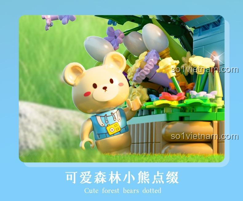 Bộ xếp hình Dumeca D2012 khi hoàn thành, một vật trang trí để bàn hình ngôi nhà hoa và gấu cực kỳ đáng yêu.