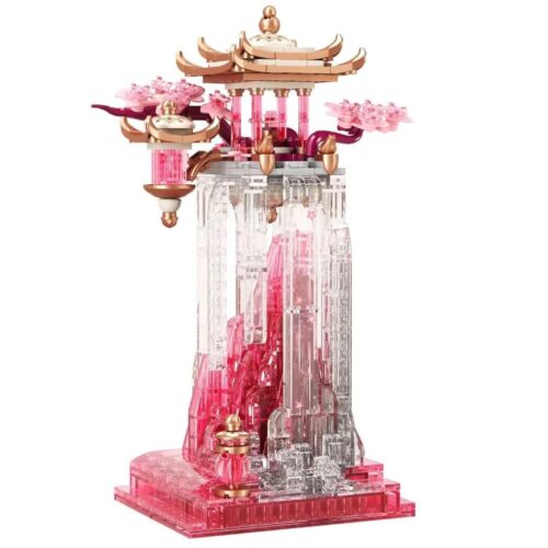 Ảnh chụp chính diện bộ lắp ghép Đình Phú Nguyệt EMUE EM0016, mô hình kiến trúc pha lê màu hồng và trong suốt, dành cho con gái 14 tuổi.