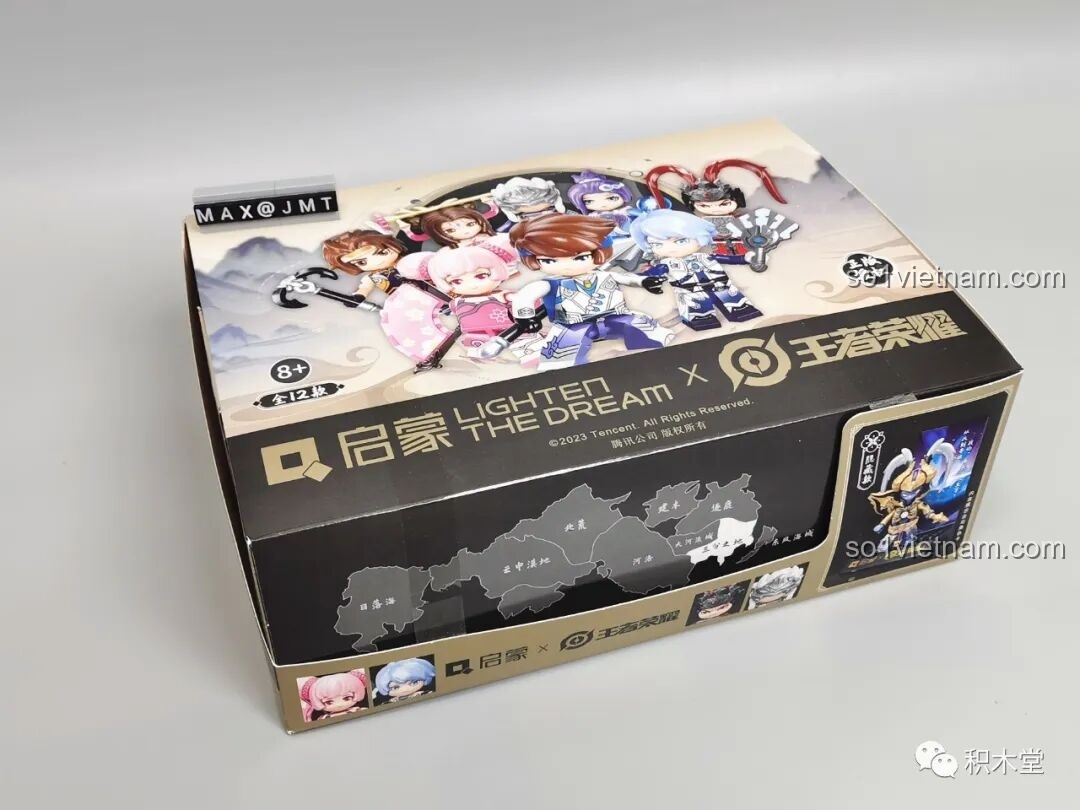 Hộp ngoài của bộ đồ chơi lắp ráp Minifigure Vương Giả Vinh Diệu 78001 Enlighten, thiết kế đẹp mắt với hình ảnh 8 nhân vật chính và logo game.