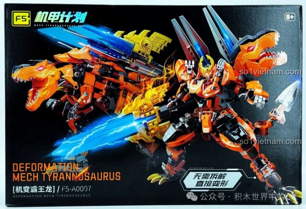 Mặt trước hộp đồ chơi F5-A0007 Robot Khủng Long Bạo Chúa với hình ảnh robot và khủng long