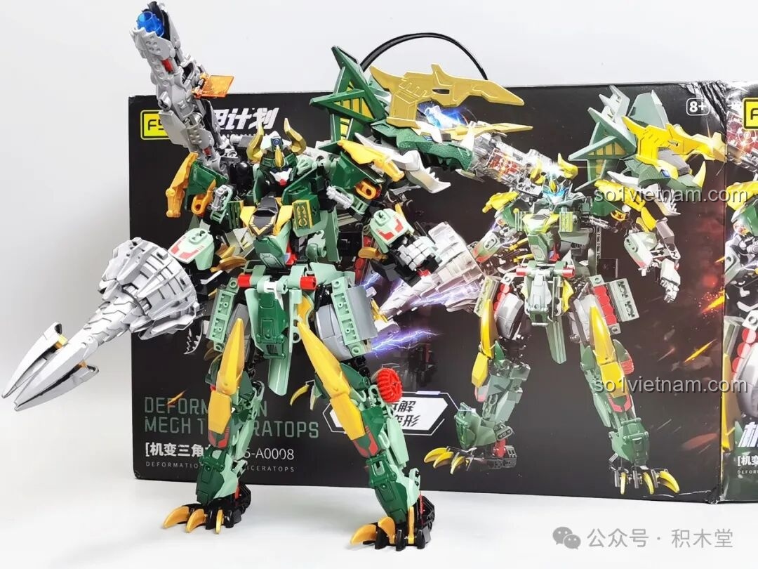 Mô hình F5 A0008 Triceratops dạng cơ giáp với vũ khí lớn, súng, đầu khủng long, các chi tiết trên hộp, hướng dẫn lắp ráp và các mô hình khác