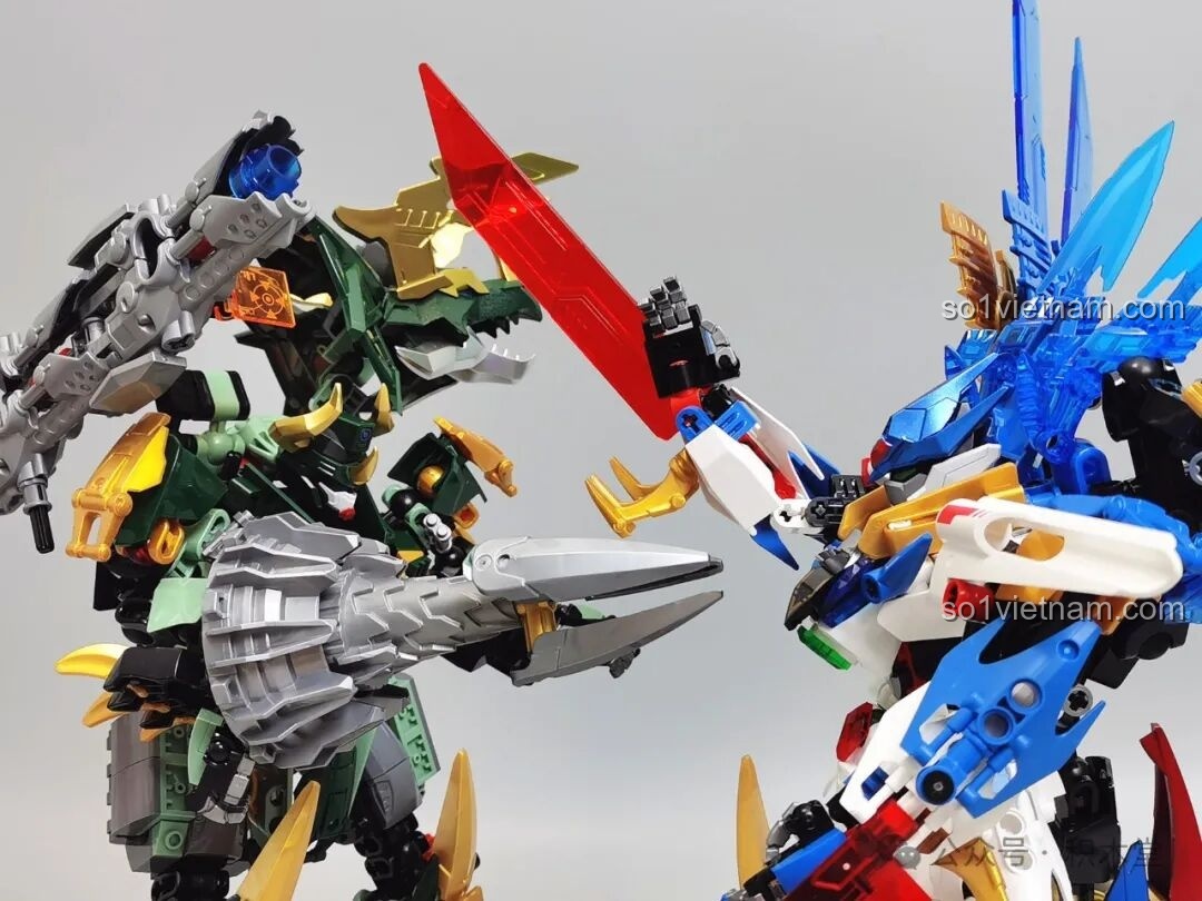 Mô hình F5 A0009 Pterosaur dạng cơ giáp với vũ khí lớn, cánh, đầu khủng long, các chi tiết trên hộp, hướng dẫn lắp ráp và các mô hình khác