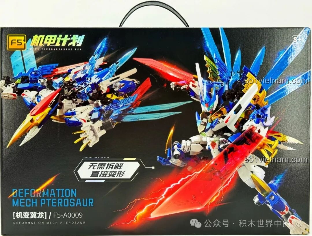 Hộp sản phẩm F5 Cơ Giáp Biến Hình Pterosaur F5-A0009 với hình ảnh hai dạng robot và khủng long.
