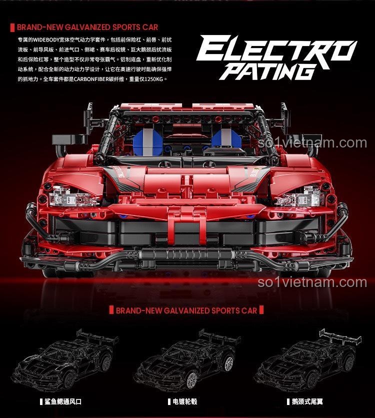 Tổng quan thiết kế khí động học của siêu xe Ferrari 296 GT3 Fei Fan QM00037, với các lỗ thông gió và bánh xe mạ điện, đồ chơi mô hình giá tốt.