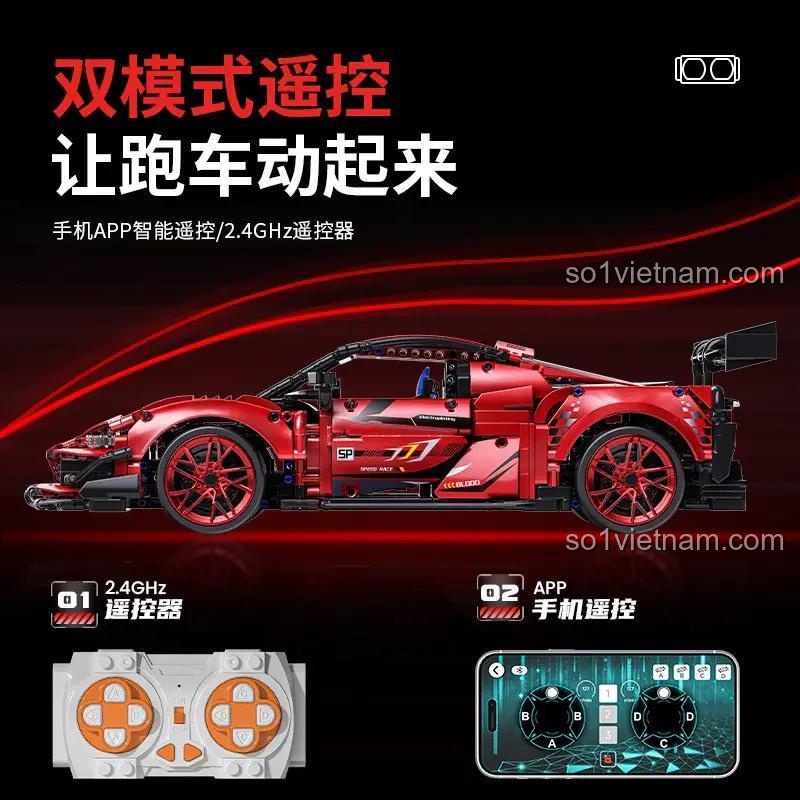 Tính năng điều khiển từ xa kép (remote 2.4GHz và app điện thoại) của bộ đồ chơi Ferrari 296 GT3 Fei Fan QM00037, mang lại trải nghiệm tốc độ đỉnh cao.