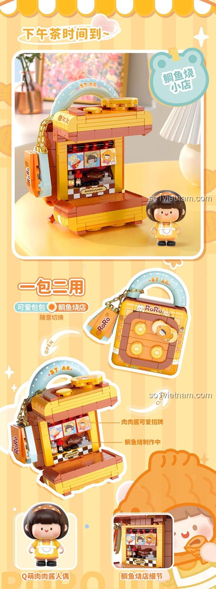 Chi tiết mô hình Tiệm Bánh Kem RoroJump S2297 của Femibox, cho thấy các phụ kiện bánh ngọt và kem, 336 mảnh, độ tuổi 8+