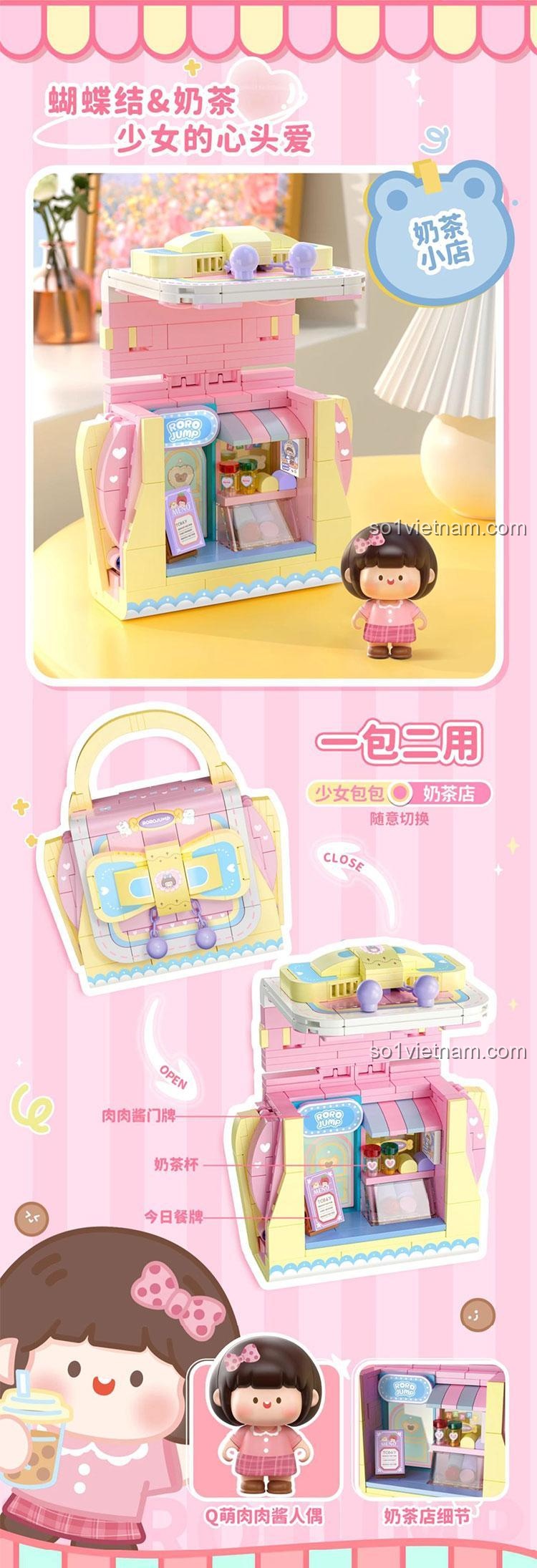 Minifigure bé gái đi kèm bộ lắp ghép Tiệm Bánh Kem RoroJump S2297 của Femibox, 336 mảnh, độ tuổi 8+