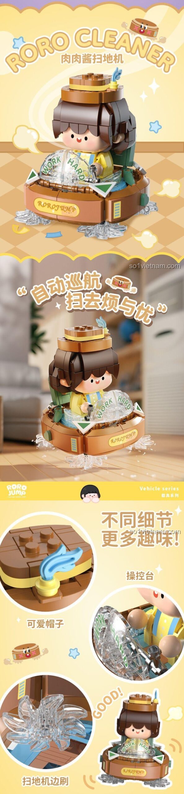 Đồ chơi lắp ghép Roro Cleaner, Mô hình phương tiện đáng yêu Femibox, mô hình xe quét dọn màu nâu xanh với chổi xoay, Bộ lắp ghép 2300 cho bé gái 8 tuổi, giá trị cao.