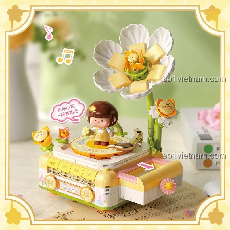 Mô hình máy hát đĩa than "Thịt Hộp" Femibox S34004, đồ chơi lắp ghép sáng tạo, có thể xoay bông hoa, cho bé gái 8 tuổi