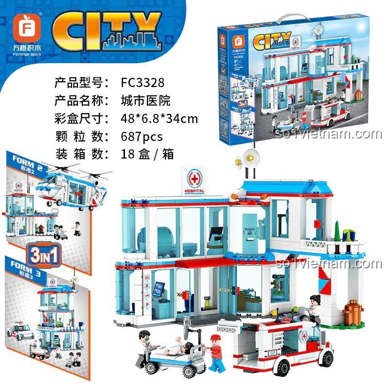 Hộp sản phẩm bộ lắp ghép Forange Block FC3328 Bệnh viện Thành phố 3in1