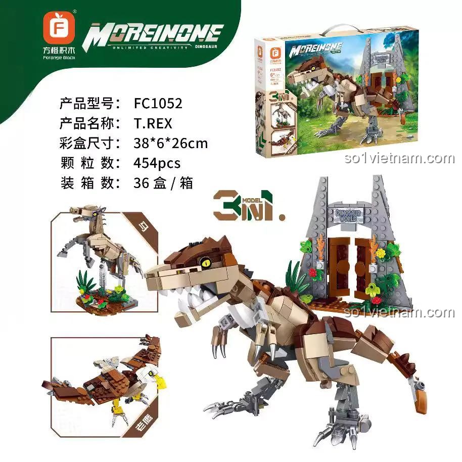 Bộ lắp ghép Khủng Long T-Rex Forange, đồ chơi lắp ráp Mô hình Khủng Long, thông số 454 mảnh ghép, phù hợp bé trai 6 tuổi