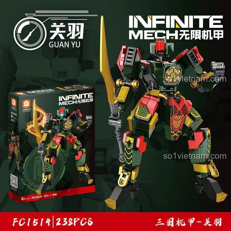 So sánh mô hình Infinite Mech: Quan Vũ Tây Du Cơ Giáp FC1514 và hộp sản phẩm của Forange, 238 chi tiết, màu xanh lá, đỏ, vàng, đen