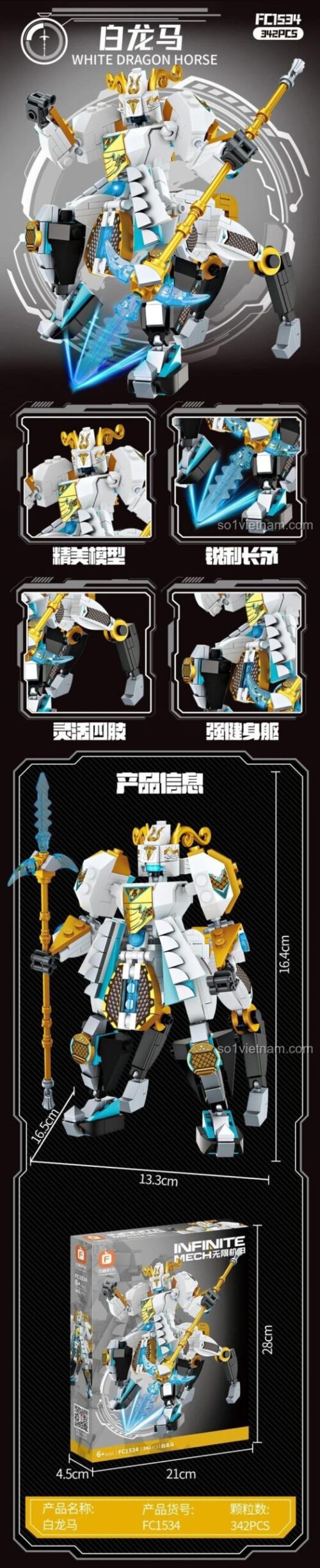 Mô hình Bạch Long Mã lắp ráp từ bộ xếp hình Forange FC1534, đồ chơi mô hình Mecha, 342 mảnh, 6+ tuổi, màu trắng, vàng, xanh dương, đen, kích thước 13.3x16.5x16.4 cm