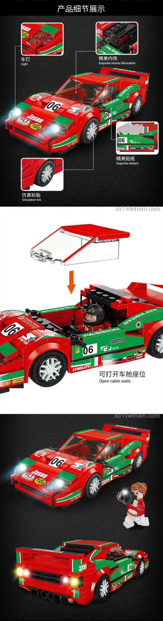 Chi tiết tính năng của đồ chơi lắp ráp Forange FC1606 Ferrari F40: đèn LED sáng, nội thất tinh xảo, cabin mở được, lốp xe mô phỏng, đồ chơi lắp ráp 307 mảnh.