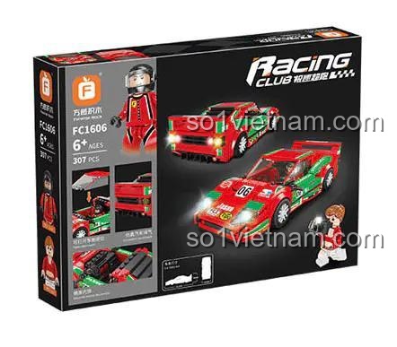 Mặt sau hộp đồ chơi lắp ráp Forange FC1606 Ferrari F40, hiển thị hai kiểu decal xe đua và các tính năng nổi bật, đồ chơi lắp ráp 307 mảnh.