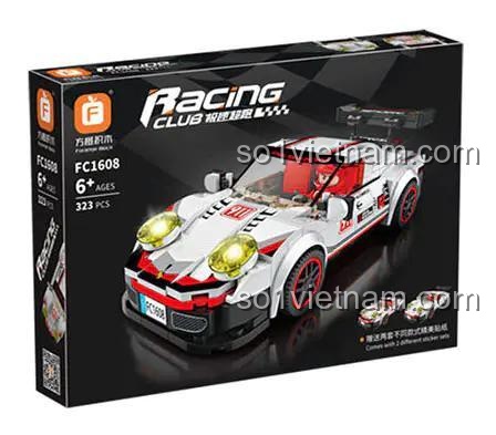 Mô hình Porsche 911 RSR FC1608, hiển thị kích thước mô hình xe 16.5x7.9x5.2cm và minifigure, giúp bé hình dung rõ ràng, đồ chơi mô hình chất lượng cao