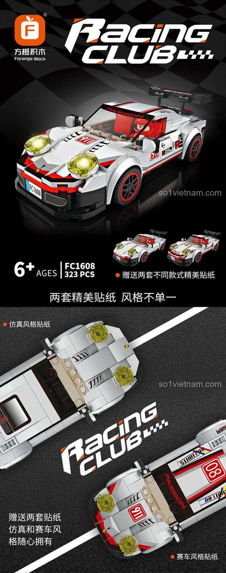 đồ chơi mô hình Xe thể thao Porsche 911 RSR Forange FC1608, ảnh hộp sản phẩm mặt sau, thể hiện các tính năng và minifigure, đồ chơi giáo dục cho bé