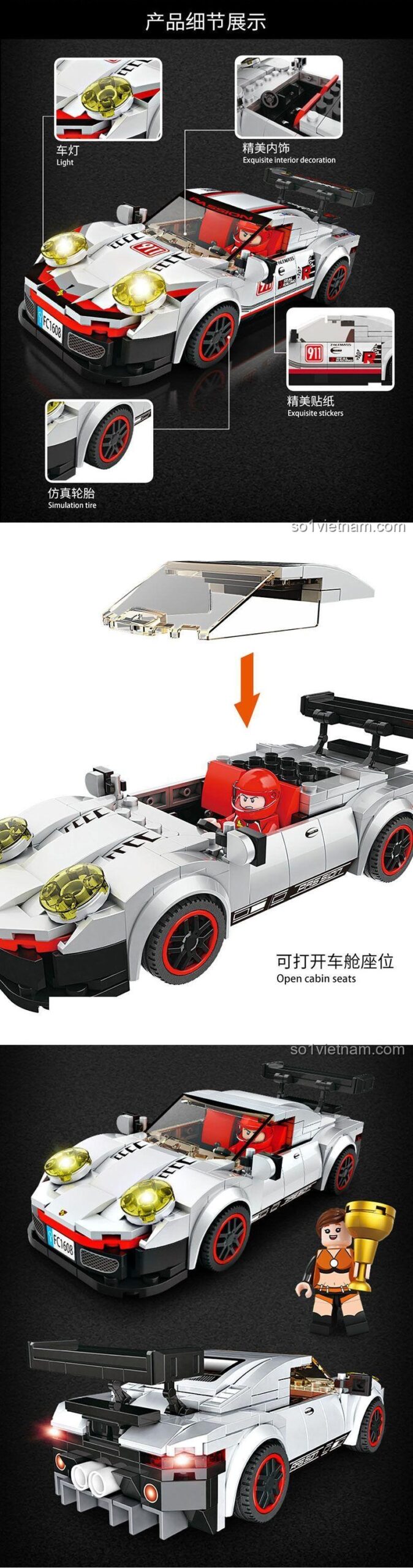 Xe đua Porsche 911 RSR Forange FC1608, kèm 2 bộ sticker trang trí khác nhau, giúp bé sáng tạo phong cách riêng, đồ chơi lắp ghép giá rẻ