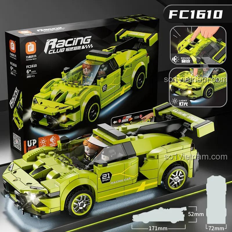 Bộ đồ chơi xe đua Forange FC1610 với mô hình xe lắp ráp, hiển thị tính năng đèn và âm thanh, xe có chức năng kéo lùi