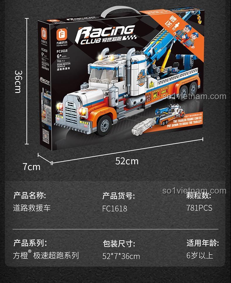 Kích thước hộp và sản phẩm xe cứu hộ đường bộ Racing Club Forange FC1618