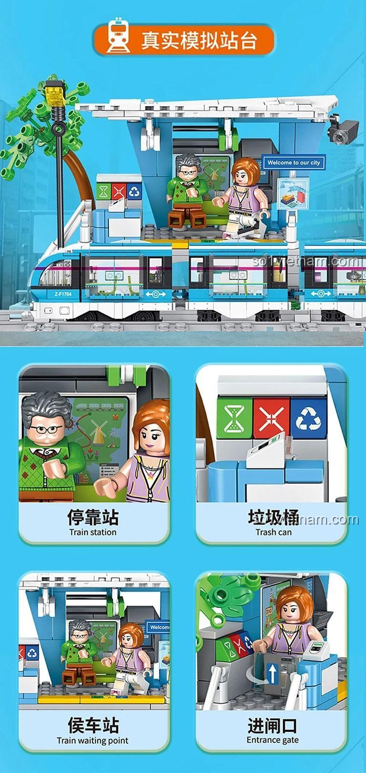 Chi tiết ga tàu của bộ lắp ghép Tàu Liên Thành Phố Forange FC1704, có điểm dừng, thùng rác, cổng vào.