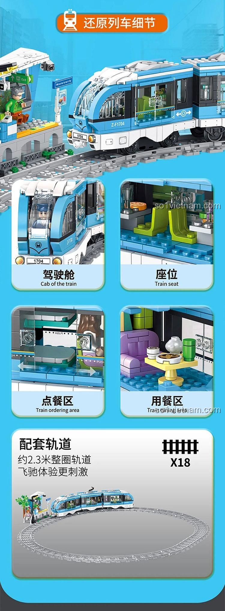 Nội thất tinh xảo của mô hình Tàu Điện Đô Thị Forange FC1704, buồng lái, ghế ngồi, khu vực ăn uống.