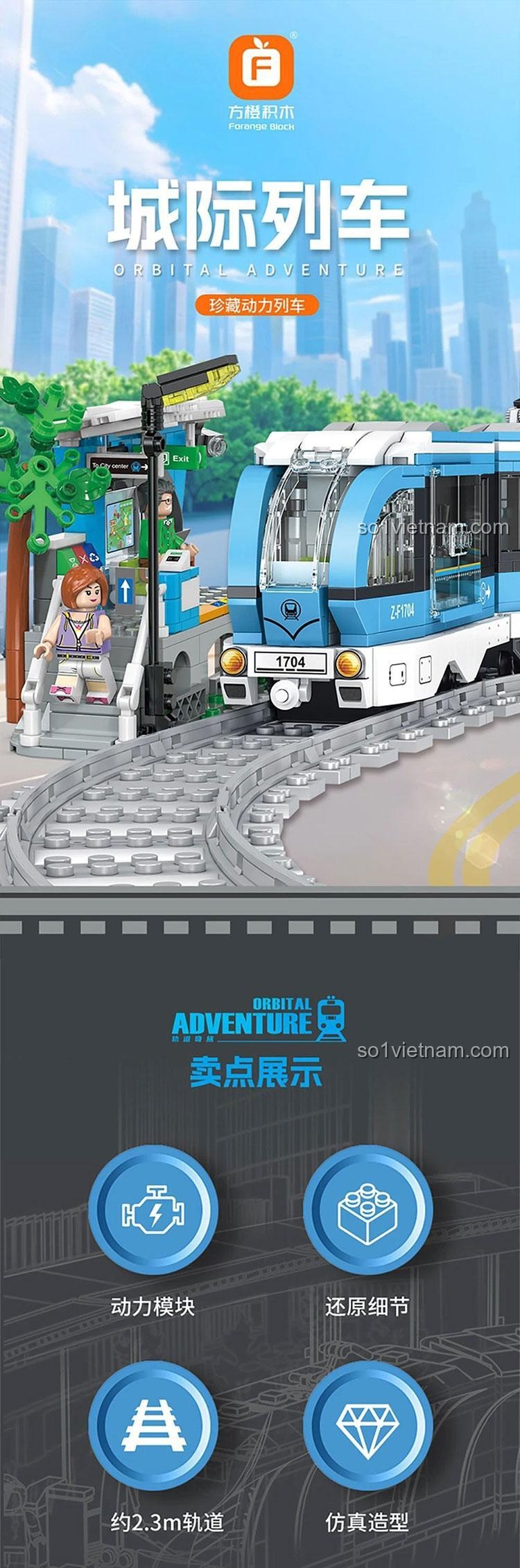 Đồ chơi mô hình Tàu Điện Thành Phố Forange FC1704 với tính năng động cơ pin, đường ray 2.3m, chi tiết cao, mô phỏng chân thực.