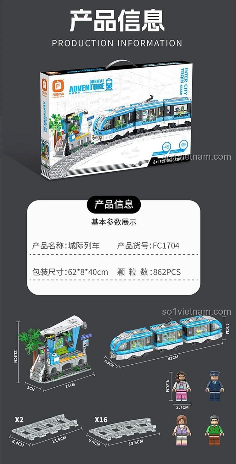 Thông tin sản phẩm và kích thước của bộ lắp ghép Forange FC1704 Tàu Điện Thành Phố, 862 mảnh, kích thước mô hình và hộp.