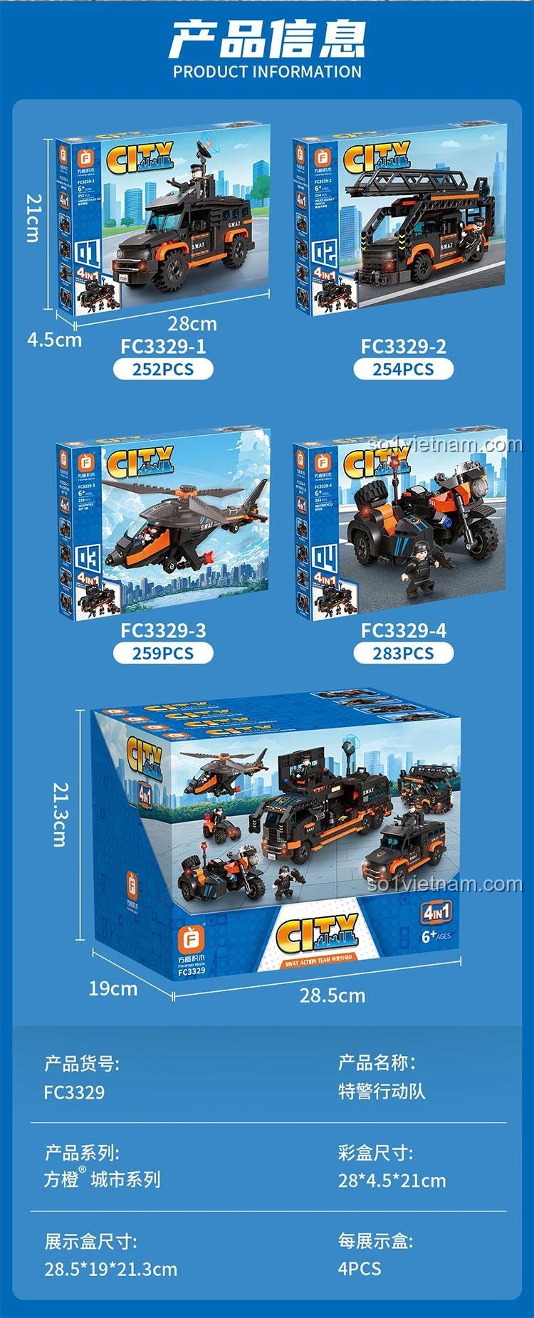 Thông tin sản phẩm và kích thước hộp của bộ đồ chơi Forange FC3329