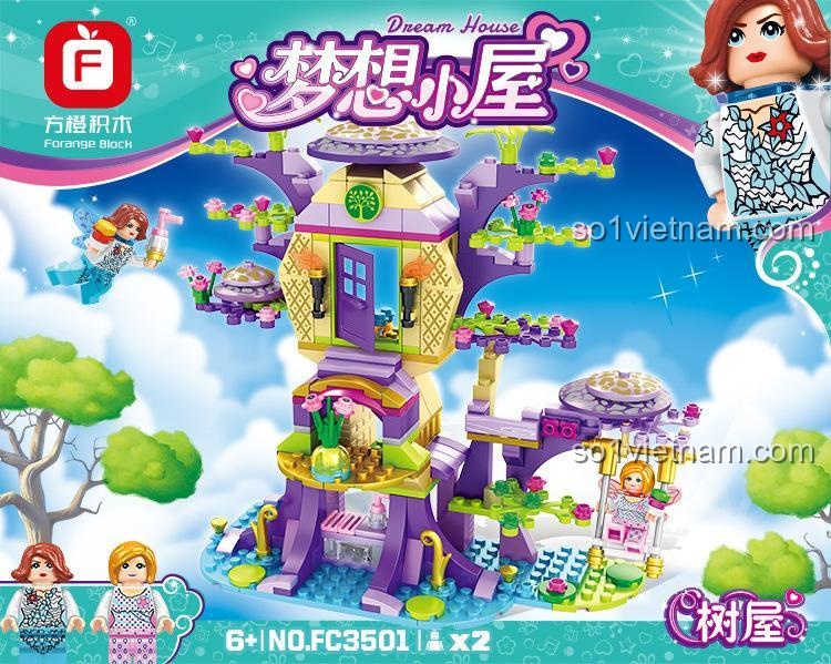 Poster quảng cáo bộ lắp ghép Thế Giới Thần Tiên Của Bé Gái Forange 3501, màu sắc tươi sáng.