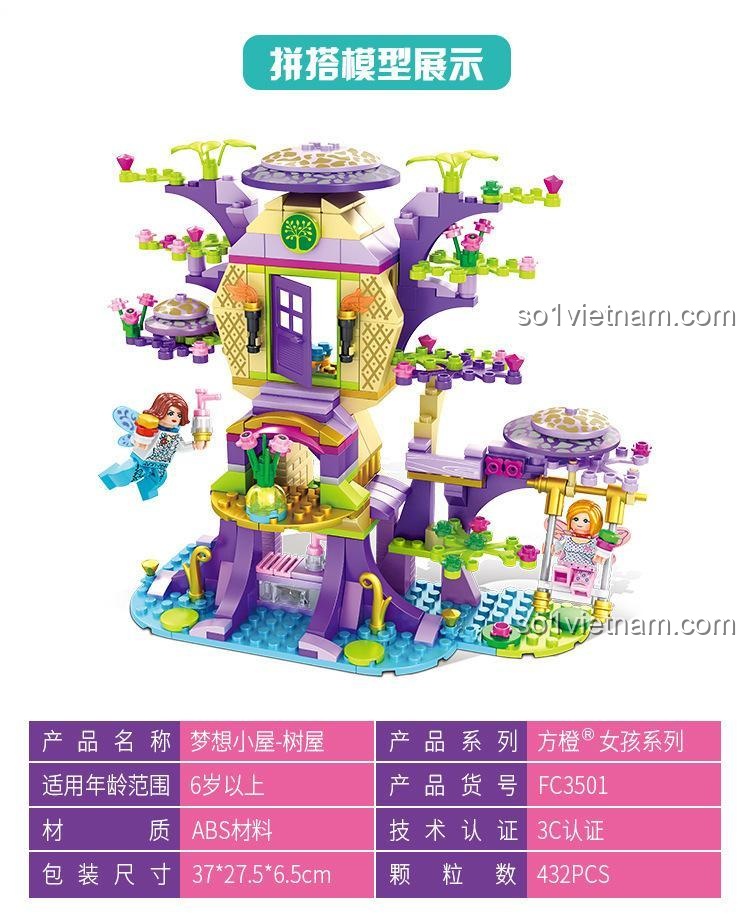 Thông số kỹ thuật đồ chơi xếp hình Ngôi Nhà Trên Cây Thần Tiên FC3501, 432 mảnh, chất liệu ABS.