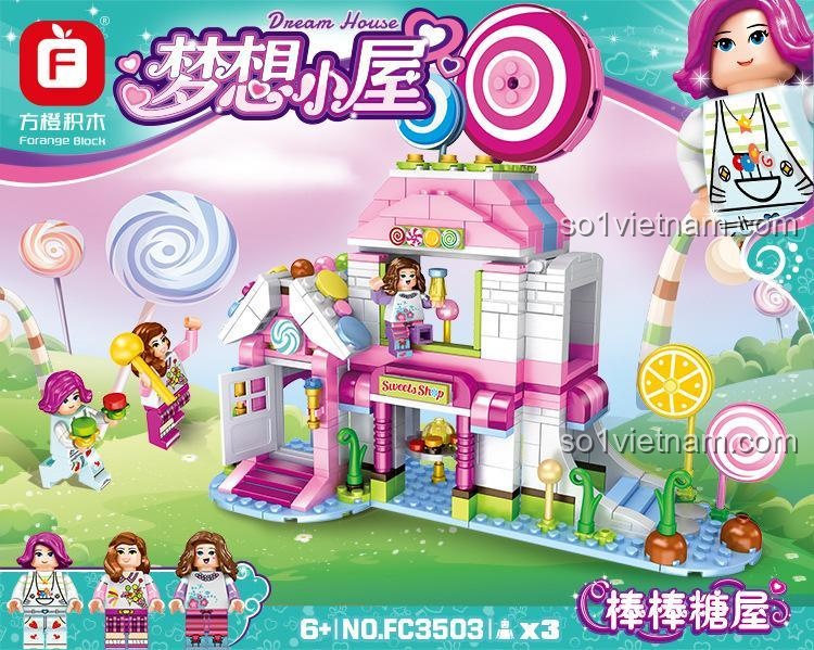 Vỏ hộp của bộ đồ chơi Tiệm bánh kẹo mơ ước FC 3503, thể hiện rõ mô hình và các nhân vật.