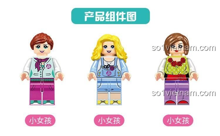 Cận cảnh 3 minifigures bé gái xinh xắn đi kèm trong bộ đồ chơi Shop hoa nghệ thuật Forange FC3504.