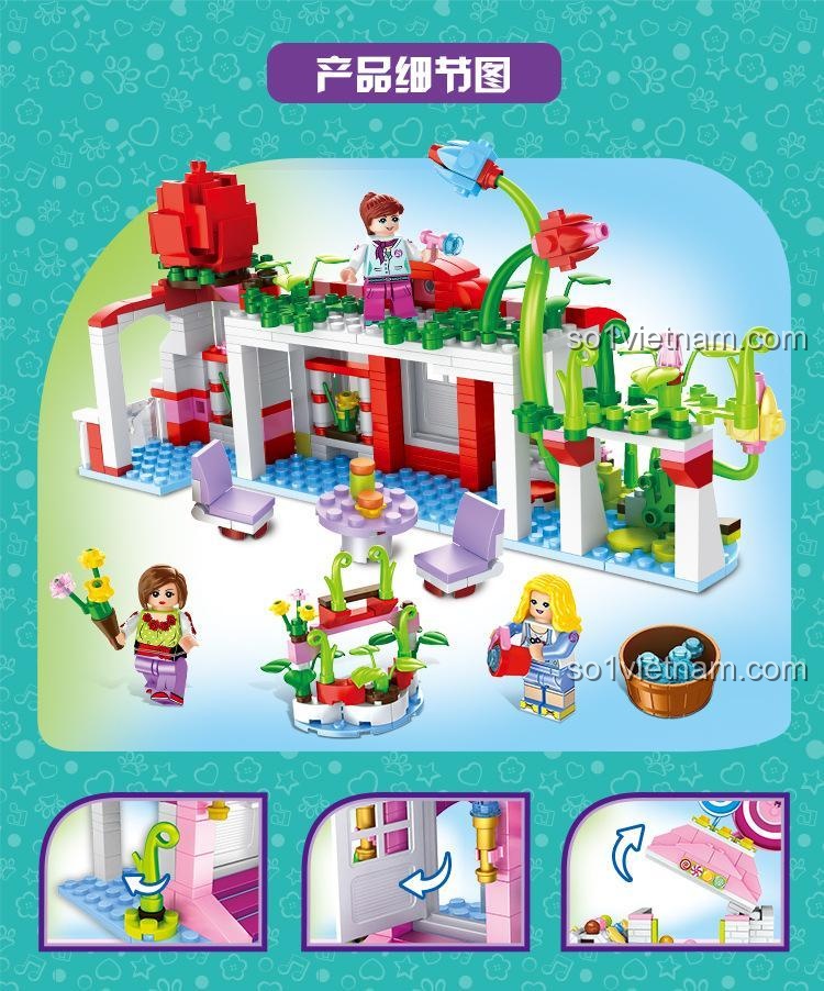 Các chi tiết nổi bật của bộ lắp ghép Ngôi nhà hoa Forange FC3504, thể hiện sự tinh xảo và màu sắc tươi tắn.