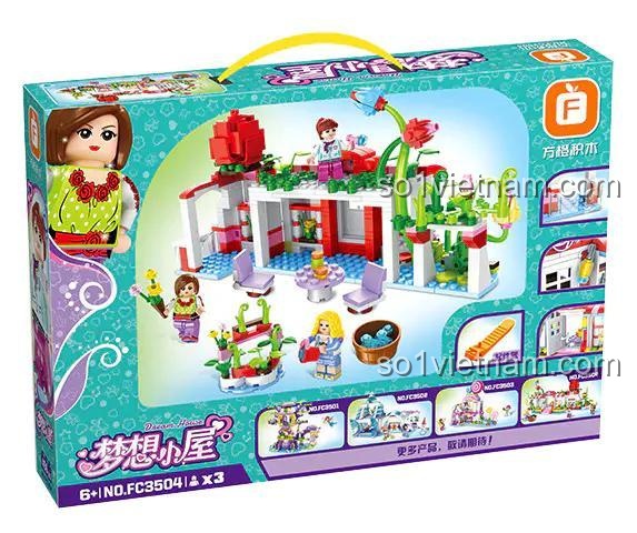 Mặt sau hộp bộ xếp hình Forange FC3504 thể hiện các chi tiết và cách chơi của mô hình Ngôi nhà hoa.