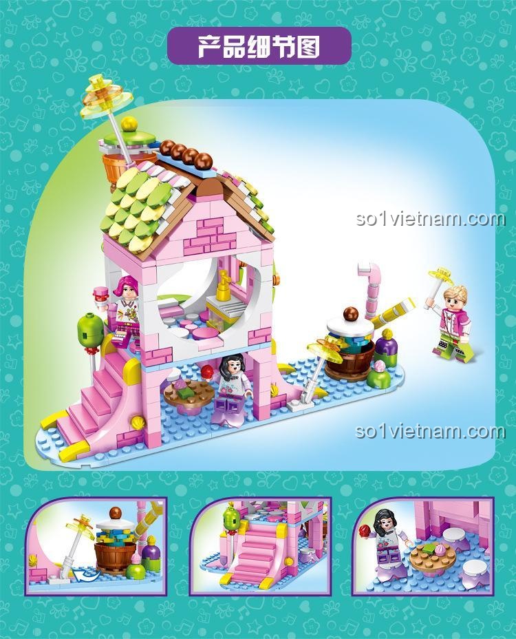 Các thành phần của bộ lắp ghép Cửa hàng đồ ngọt Forange, bao gồm mô hình tiệm bánh và 3 nhân vật minifigure đi kèm.