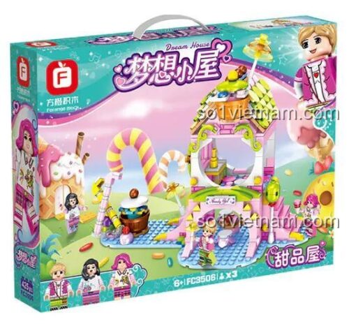 Hộp sản phẩm của đồ chơi xếp hình Tiệm bánh kẹo Forange FC3506, món quà tuyệt vời cho bé gái, giúp phát triển trí tuệ và sự sáng tạo.
