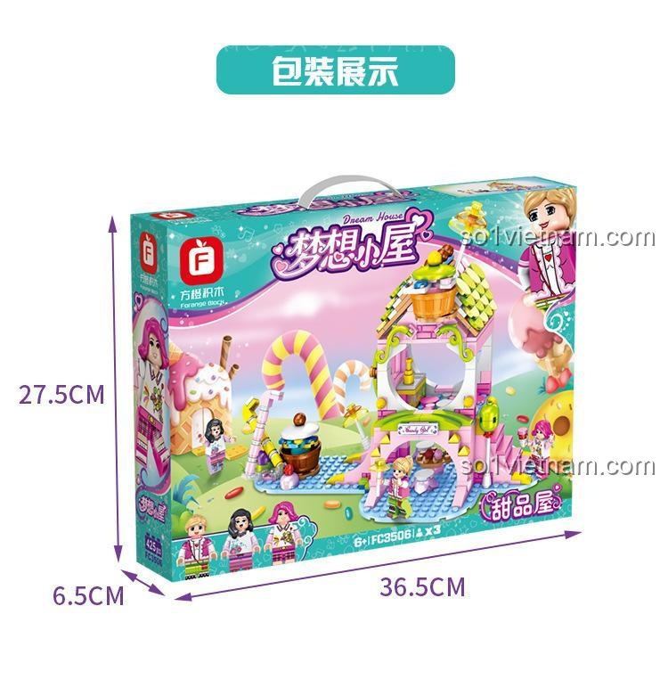 Hình ảnh chi tiết các góc của mô hình Tiệm bánh kẹo FC3506, cho thấy thiết kế tinh xảo và các khu vực chơi khác nhau.