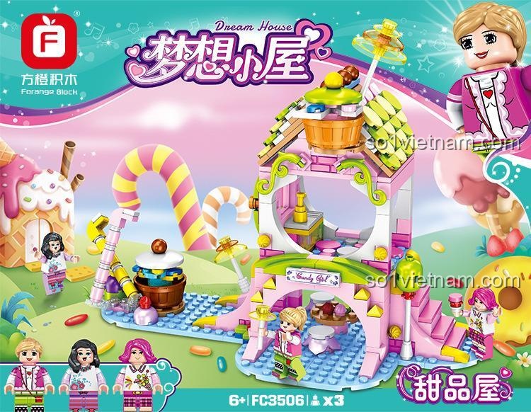 Poster quảng cáo cho đồ chơi mô hình Forange FC3506, thể hiện một thế giới kẹo ngọt đầy màu sắc với 3 nhân vật minifigure đáng yêu.