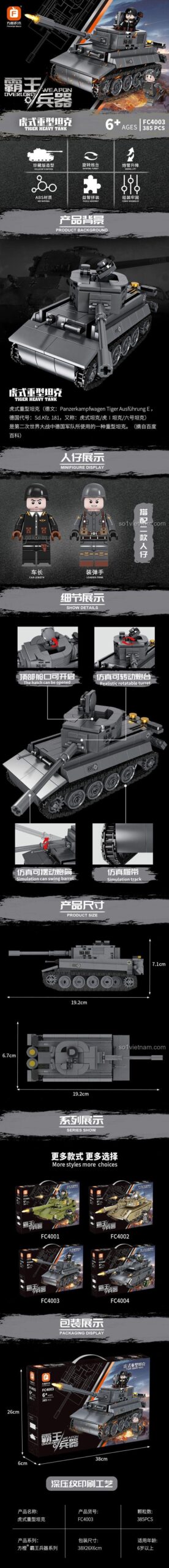 Chi tiết mô hình xe tăng Tiger Heavy Tank FC4003 của Forange, 385 mảnh, màu xám, có thể bắn đạn nhựa