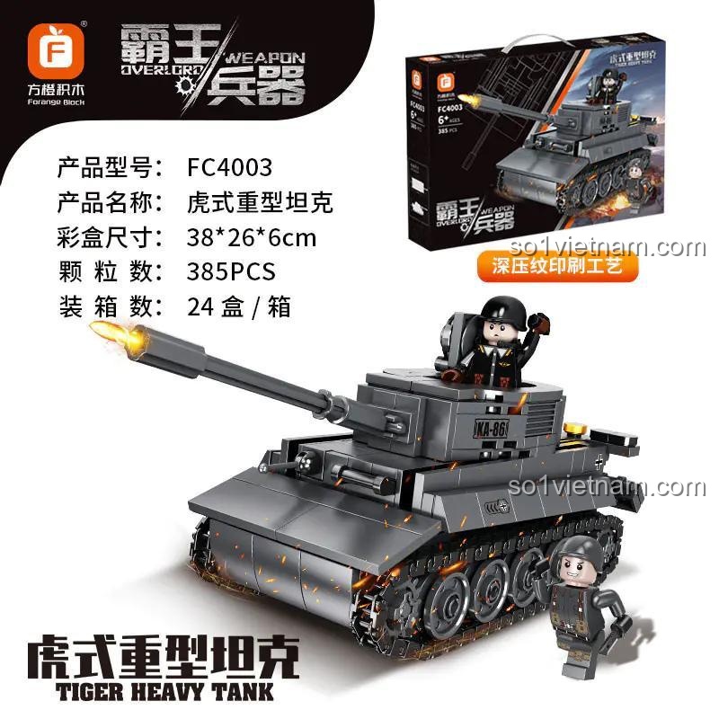 Bộ lắp ghép xe tăng Tiger Heavy Tank FC4003 của Forange, bao gồm mô hình, hộp đựng và 2 minifigures, 385 mảnh, màu xám