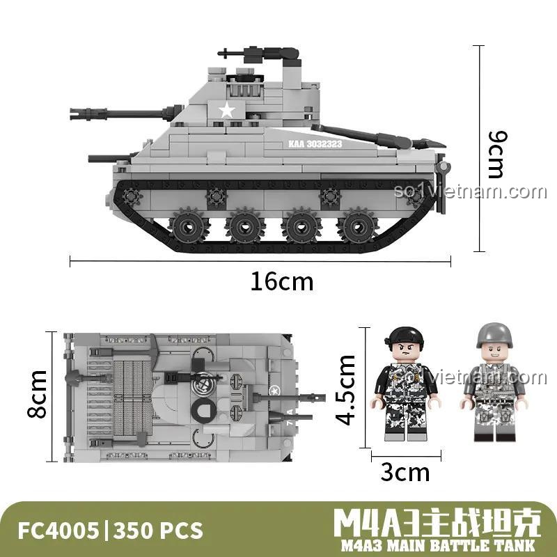 Kích thước mô hình xe tăng chiến đấu chủ lực M4A3 Forange FC4005, bao gồm chiều dài, chiều rộng, chiều cao và kích thước minifigure