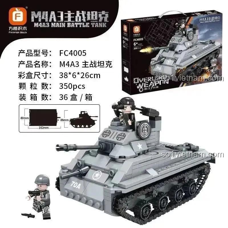 Mô tả chi tiết bộ lắp ghép xe tăng chiến đấu chủ lực M4A3 Forange FC4005, bao gồm số chi tiết, kích thước hộp