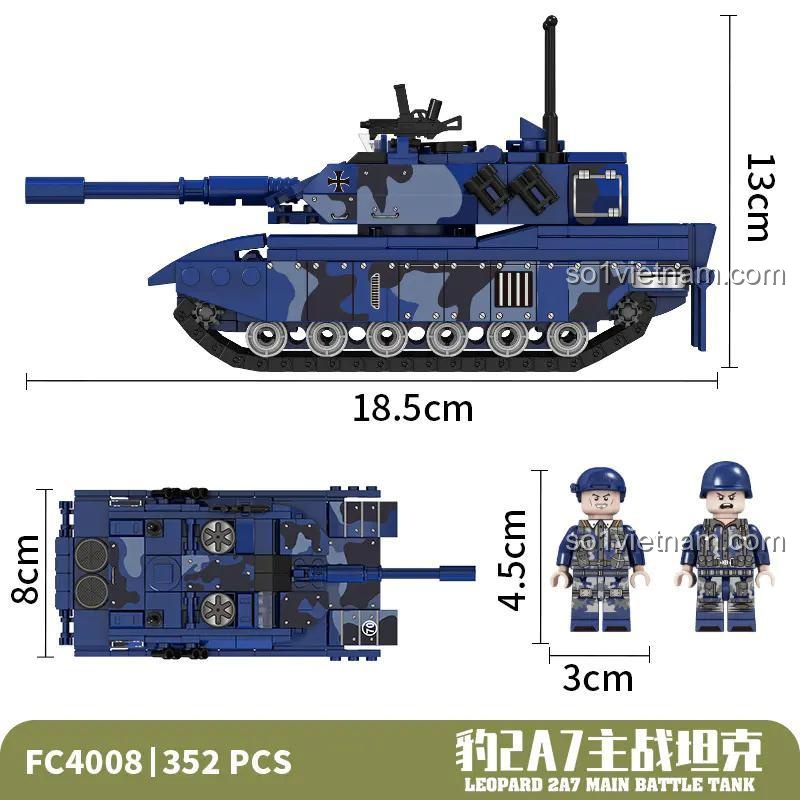 Kích thước mô hình xe tăng chiến đấu chủ lực Leopard 2A7 Forange FC4008 (18.5x7.8x13.2cm) và minifigures (3cm), 352 chi tiết, đồ chơi cho bé trai 6 tuổi