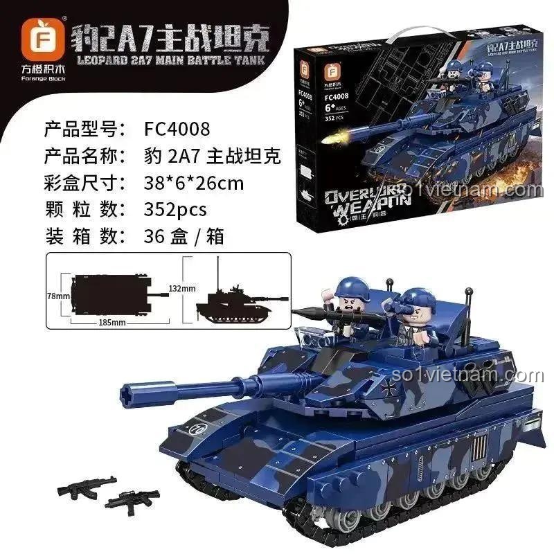 Bộ đồ chơi xe tăng chiến đấu chủ lực Leopard 2A7 Forange FC4008 và hộp sản phẩm, mô hình xe tăng 352 chi tiết, phù hợp cho bé trai 6 tuổi