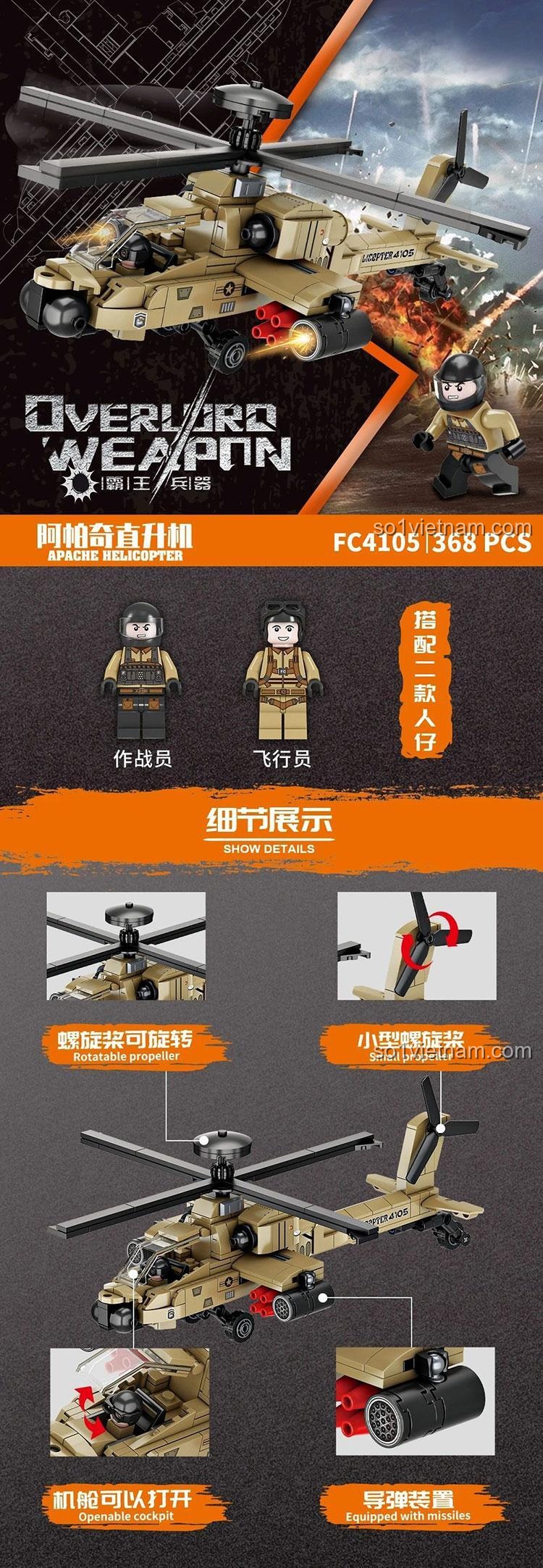 Mô hình trực thăng Apache Forange FC4105 với cánh quạt xoay, buồng lái mở, có 2 minifigures lính, đồ chơi mô hình cho bé trai