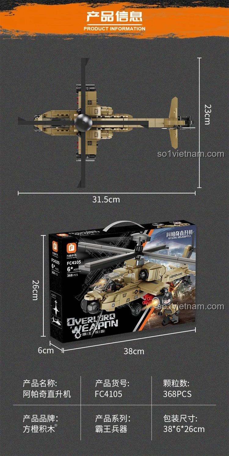 Kích thước mô hình trực thăng Apache Forange FC4105 (31.5x23.2x11.8 cm), đồ chơi lắp ráp quân sự 368 mảnh cho bé trai 8 tuổi