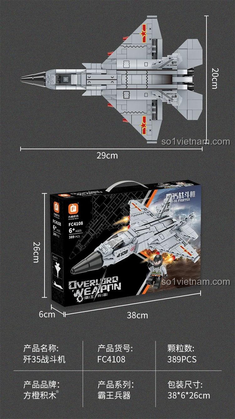 Kích thước hộp đồ chơi lắp ráp Chiến đấu cơ J-35 Forange FC4108 (38x26x6 cm) và kích thước mô hình (28.8x20.2x7.9 cm), 389 mảnh ghép, giá rẻ.