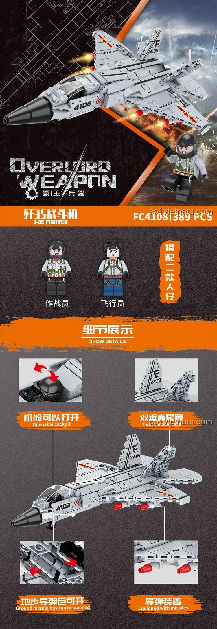 Chi tiết bộ xếp hình Máy bay quân sự J-35 Forange FC4108 với buồng lái mở, đuôi kép, khoang tên lửa mở và tên lửa, đồ chơi lắp ráp cho bé trai 8 tuổi.